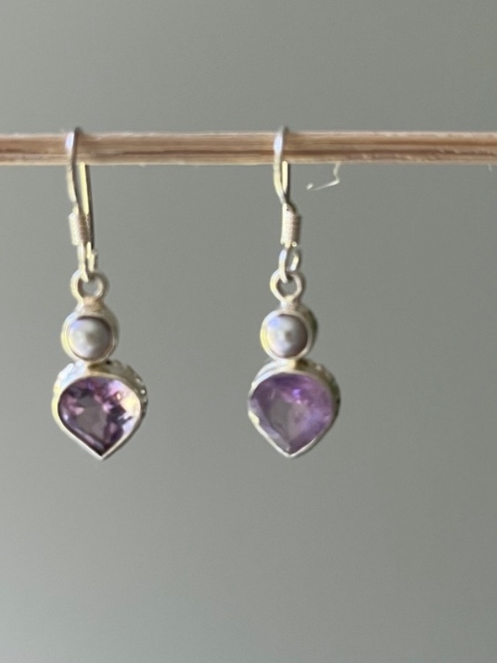 Sterling Silver Amethyst Drop Earrings with Pearl Accent - Purple